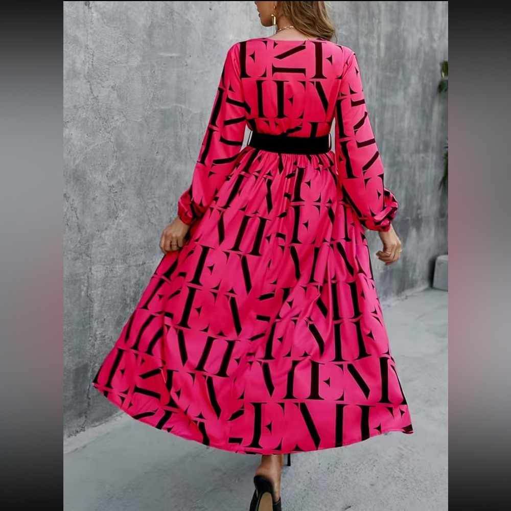 Letter Print Split Thigh Belted, Elegant V Neck High Waist Pleated Maxi Dress - Picture 8 of 11
